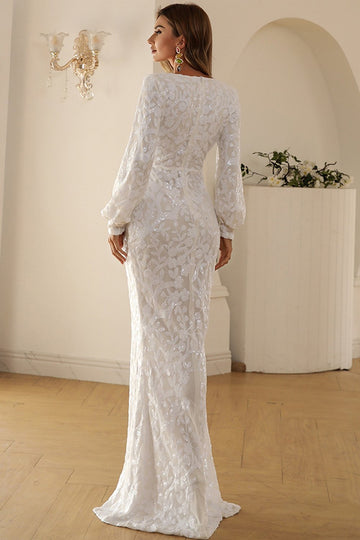 Sparkly White V Neck Lace Long Sleeves Maxi Formal Dress